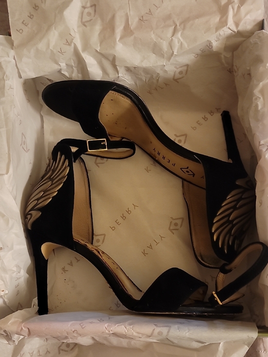 Katy Perry Collections Shoes - Katy Perry Collections Black Velvet Wing-Embellished Ankle Strap Heels